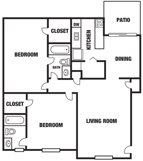 Floor plan for 2 beds, 2 baths, 960 sqft